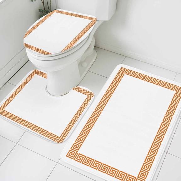 Orange Geometric Bathroom Rugs Set Greek Pattern Non Slip Absorbent Soft Bath Mats 3 Piece Set with Bathroom Rug, U-Shaped Floor Mat, Toilet Seat Cover Small Size