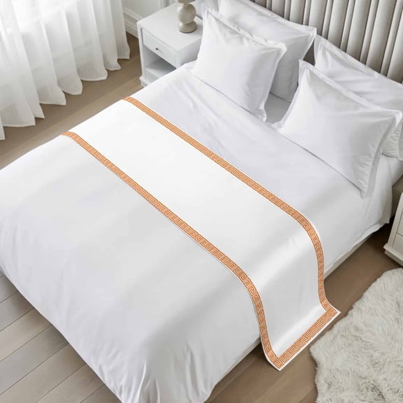 Orange Geometric Bed Runner, Satin Bed Throw Runner for Twin Size Beds, Modern Key Greek Design Abstract Art Decorative Bedding Dresser Scarf for Foot of Beds Sofa Cabinet End Table 71"x20"