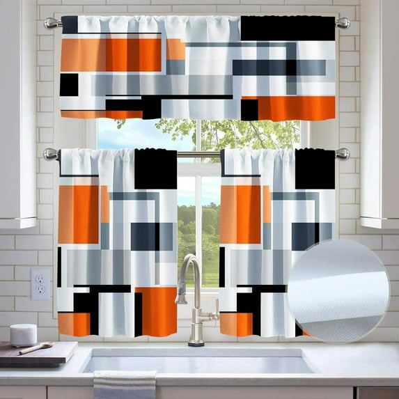 Orange Geometric Blackout Kitchen Window Tier Curtains and Valance Set, 36 Inch Window Curtains Set with Rod Pocket, Abstract Art Curtains Set for Small Windows, Living Room or Bathroom