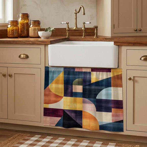 Orange Geometric Cabinet Curtains 27.6"W x 35.4"L, Modern Abstract Simple Color Block Under Sink Skirt for Bathroom Vanity Kitchen Self Adhesive, Dust-Proof Privacy Curtain for Closet Shelves Laundry