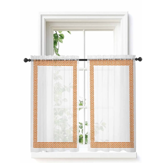 Orange Geometric Curtains 54 Inch Length,Sheer Curtains for Bedroom Living Room Window Modern Key Greek Design Abstract Art Rod Pocket Drapes Kitchen Curtains Small Half Window 42"x54" 2 Panels