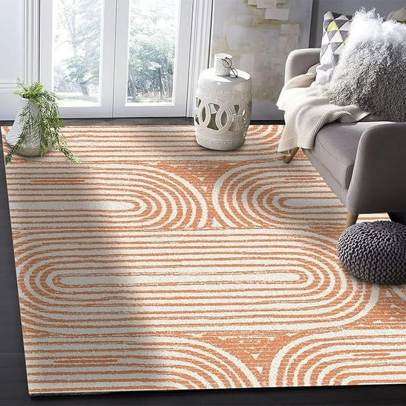 Orange Geometric Decorative Area Rug, Modern Vintage Striped Home Rug, Bedroom Rug With Non-Slip Backing Washable For Bedroom Living Room Dining Room Office 5 x 8ft