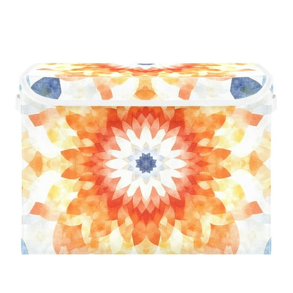 Orange Geometric Flower Large Storage Bins with Linen Collapsible Lid Storage Box 16.7 x 12.6 x 11.8in