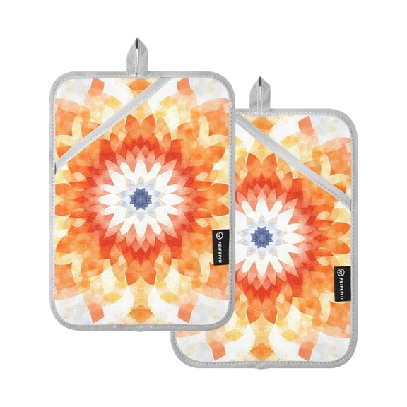 Orange Geometric Flower Oven Mitts Pot Holders 2 pcs Heat Resistant for Kitchen Baking Grilling