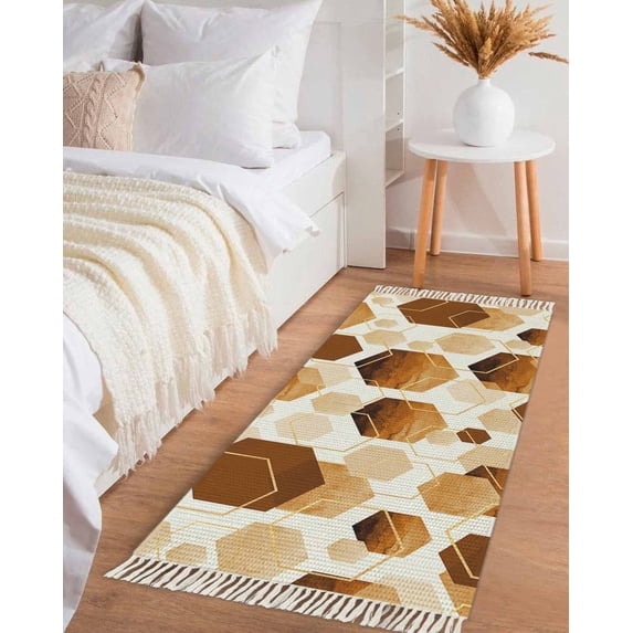 Orange Geometric Hallway Runner Rug 2x5ft, Gold White Hexagon Modern Washable Woven Living Room Bedroom Kitchen Bathroom Carpet with Tassels, Non-Shedding Indoor Outdoor Throw Door Mat for Entryway