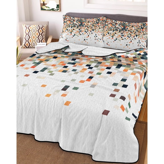 Orange Geometric King Size Down Alternative Comforter, Lightweight Comforter Quilt Bedding Set with Pillow Shams Abstract Plaid Colorful Grid Texture All Seasons Bed Comforter Duvet Insert 96"x106"