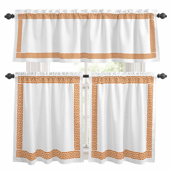 Orange Geometric Kitchen Curtains, Kitchen Curtains and Valances Set of 3, Modern Key Greek Design Abstract Art Light Filtering Tailored Tier Curtain 24 Inch Length Drapes for Cafe Sink Bedroom
