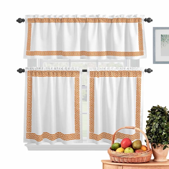Orange Geometric Kitchen Curtains Valances 3 Piece Set, Greek Pattern Rod Pocket Tier Curtain and Valance Drapes for Small Window 36 Inch Length for Bedroom Cafe