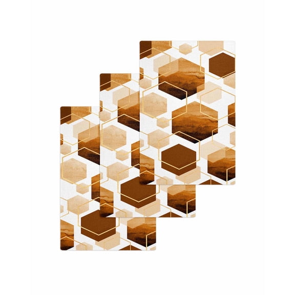 Orange Geometric Kitchen Dish Towels for Drying Dishes Set of 3, Gold White Hexagon Modern Waffle Weave Microfiber Terry Hand Tea Bathroom Towels Quick Dry & Absorbent Towel 15.7x23.6
