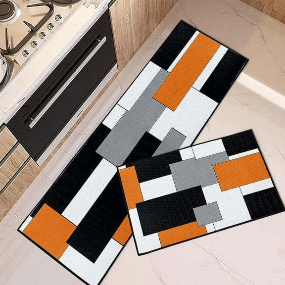 Orange Geometric Kitchen Rugs and Mats Non Skid Washable Set of 2, Checked Black Grey Kitchen Mats for Floor, Rustic Kitchen Runner Rug, Modern Abstract Kitchen Decor