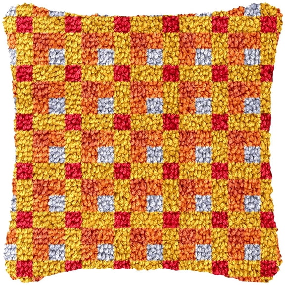 Orange Geometric Latch Hook Kits Pillow Cover DIY Rug Making Crochet Hook Cushion Making Kits with Preprinted Pattern Canvas DIY Needlework Crochet Kits Sofa Decor 43x43cm