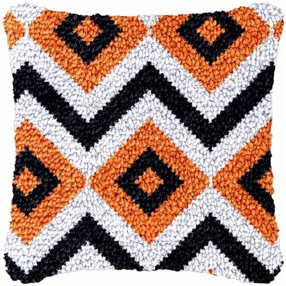 Orange Geometric Latch Hook Kits Pillow DIY Rug Cushion Making Kits with preprinted Pattern Canvas Instruction Yarns and Latch Hooking Pillow Cover Easy to Start DIY Home Decor Kits 43x43cm