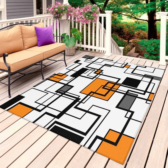Orange Geometric Outdoor Rug 5x7 Ft, Non Slip Washable Area Rug, Black Grey Abstract Striped Modern Art Patio Rugs Carpet Runner, Large Floor Mat for Indoor/Outdoor Deck Porch Camping