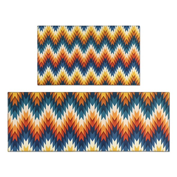 Orange Geometric Pattern Kitchen Rugs Sets Of 2,Anti Fatigue Kitchen Mat Rugs Non Slip Washable,Decorative Kitchen Floor Mats for Kitchen,Sink,Laundry,17"x30"+17"x47"