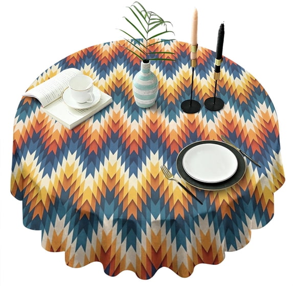 Orange Geometric Pattern Round Tablecloth 60"x60",Wrinkle Wipeable Table Cloth for Kitchen Dining Room Picnic Patio Party