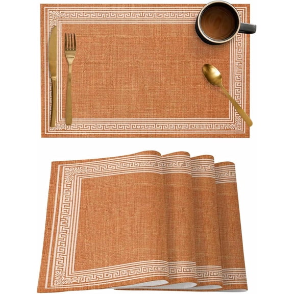 Orange Geometric Placemats Set of 6, White Greek Key Design Placemats for Dining Table, Burlap Place Mats for Kitchen Tabletop, Modern Art Waterproof Wipeable Dining Table Mats Set