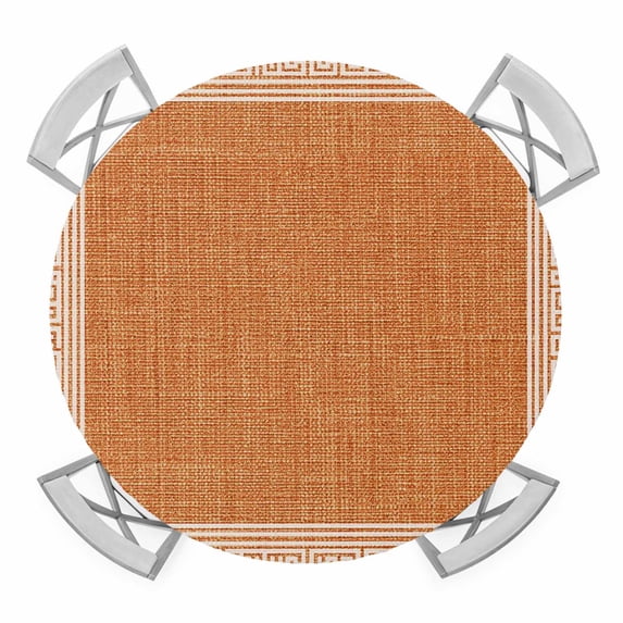 Orange Geometric Round Fitted Tablecloth with Elastic Edge, Waterproof Table Cloth Table Cover for 36"-44" Tables, White Greek Key Design Burlap Modern Art Tablecloths for Dining Picnic Outdoor