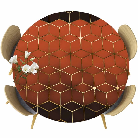 Orange Geometric Round Tablecloth, Fitted Table Cover with Elastic for 55"-60" Round Tables, Ombre Modern Abstract Art Table Cloth Outdoor Indoor Dinning Party Waterproof Tablecloths