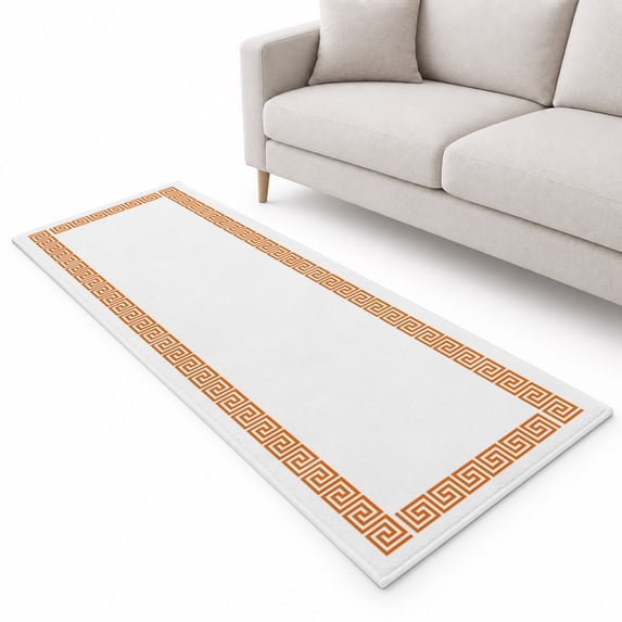 Orange Geometric Runner Rug 2.6'x8', Greek Pattern Soft Mat Non-Slip ...