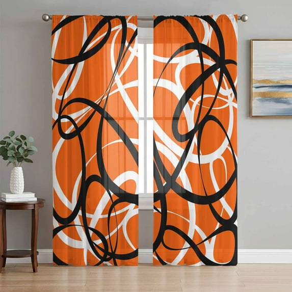 Orange Geometric Semi Sheer Curtains 63 Inch Length 2 Panels Set, Black White Striped Abstract Lines Art Sheer Kitchen Curtain Privacy Voile Window Curtain for Living Room Bedroom Rod Pocket Drapes