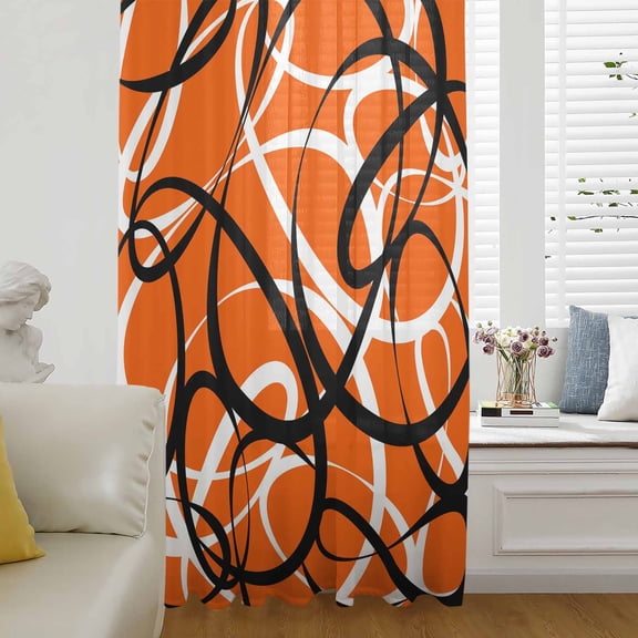 Orange Geometric Semi Sheer Curtains Drapes for Living Room,Bedroom,French Doors Window 96 Inches Long,Black White Striped Abstract Lines Art Rod Pocket Chiffon Curtain Drapery Voile Draperies Panel