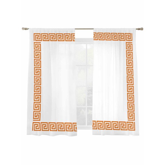 Orange Geometric Sheer Curtains 2 Panels Set Greek Pattern Sheer Window Curtains Light Filtering Rod Pocket Voile Drapes for Bedroom Living Room 52"X72"