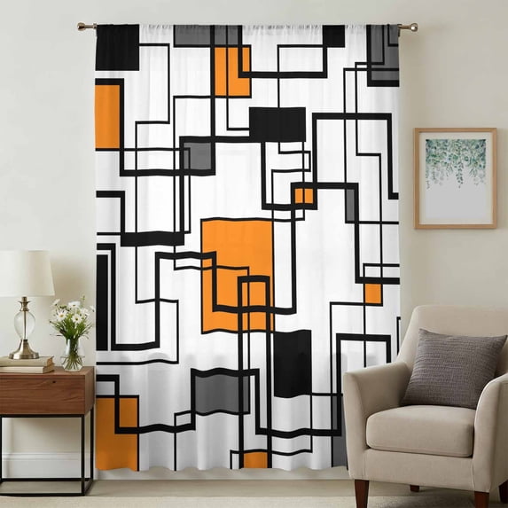 Orange Geometric Sheer Curtains 63 Inches Long, Black Grey Abstract Striped Modern Art Light Filering Curtains, Breathable Simi Curtain Privacy Drapes for Living Room Bedroom Window Treatment