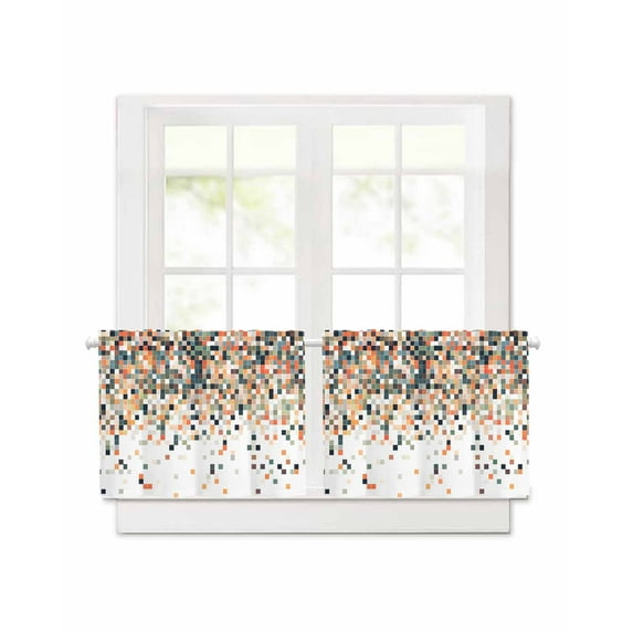 Orange Geometric Short Blackout Curtains 30 Inch Long Abstract Plaid Colorful Grid Texture Rod Pocket Kitchen Curtains, 2 Panels Thermal Insulated Room Darkening Drapes for Bedroom, 42"W x 30"L