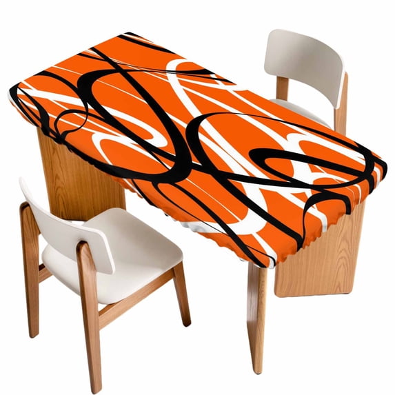 Orange Geometric Table Cloths for 4 Foot Rectangle Tables, Black White Striped Abstract Lines Art Patio Waterproof Elastic Fitted Tablecloths, Washable Rectangular Table Cover for Camping
