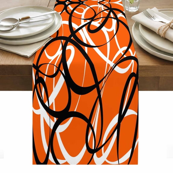 Orange Geometric Table Runner - 90 Inch Long, Kitchen Dining Table Runner Dresser Scarves, Black White Striped Abstract Lines Art Farmhouse Decor for Coffee Tables Wedding Party Banquet