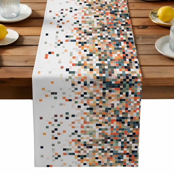 Orange Geometric Table Runner, Abstract Plaid Colorful Grid Texture Kitchen Table Runners Dress Scarves for Table Decorations Party/Restaurant/Indoor Outdoor Use, 13x72in
