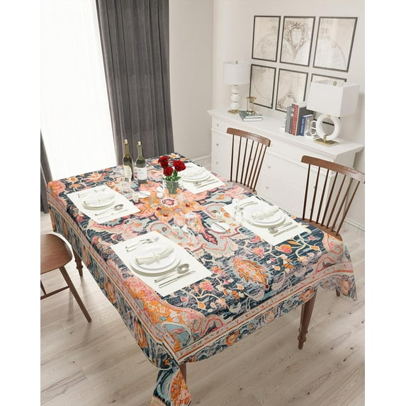 Orange Geometric Tablecloth Waterproof for Round/Rectangle/Oval/Square Tablecloth 60x102 in Table Cloth Cover for Fall Baby Shower Christmas Wedding Party, Oriental Tribal Ethnic Flower Patterns