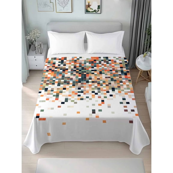 Orange Geometric Twim Size Flat Sheet, Wrinkleproof & Fadeproof Cooling Flat Bed Sheet Only, Abstract Plaid Colorful Grid Texture Breathable Soft Bedding Top Sheets 66 x 96 Inches