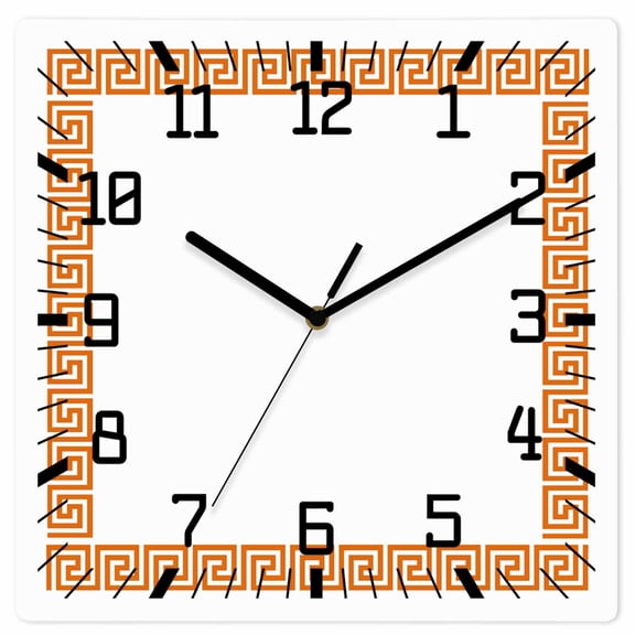 Orange Geometric Wooden Wall Clock Silent Non Ticking, Modern Key Greek Design Abstract Art Square Wall Clocks Battery Operated, Decor Clock for Home Office, Living Room, Kitchen, 10 Inch
