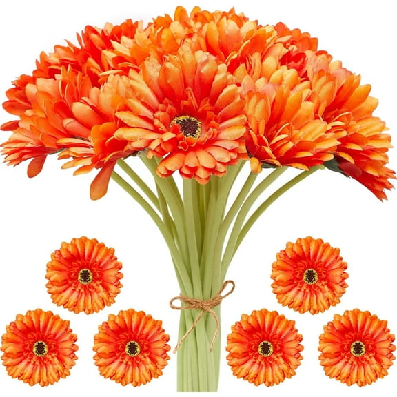 Orange Gerbera Daisy,Tutuviw 14Pcs Artificial Daisies Flower Bouquet,Fake African Daisy Flower,Faux Gerber Daisies for Wedding Bridal Bouquet Party Home Kitchen Table Centerpiece(Orange)