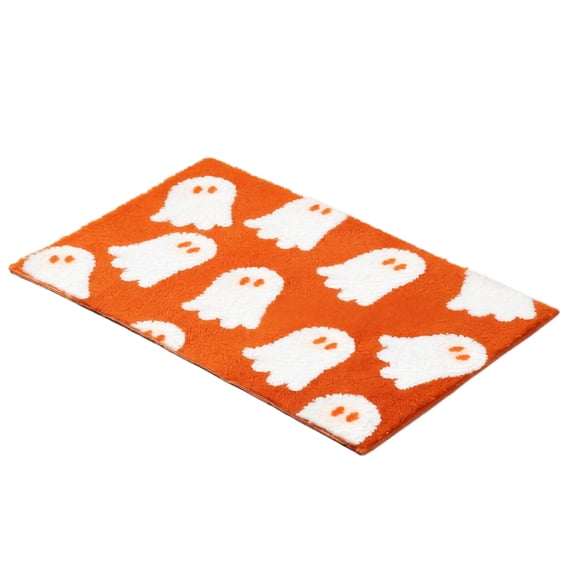 Orange Ghost Bath Mat Soft Halloween Bathroom Rug Non Slip Cute Spooky Ghost Bathroom Decoration Shaggy Plush Faux Fur Rug Halloween Decor for Home Bedroom Shower Floor, 15.7 x 23.6 Inch