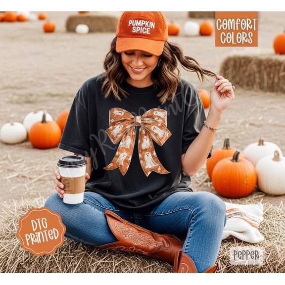 Orange Ghost Bow Trendy Coquette Autumn T-Shirt All Size S-3XL