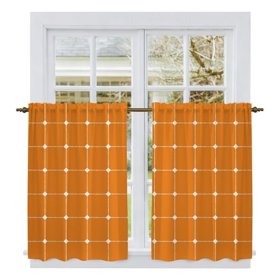 Orange Gingham Kitchen Curtains 45 Inch Length, Modern Minimalist Geometric Plaid Tiers Curtains for Bathroom Bedroom Cafe, Light Filtering Small Window Treatment Short Drapes 2 Panels 42"Wx45"L