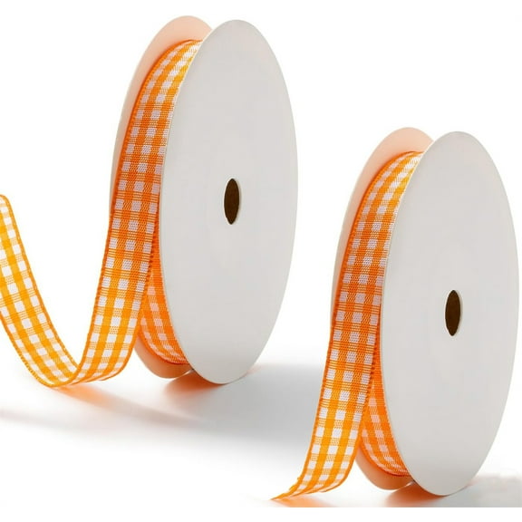 Orange Gingham Ribbon 3/8",Bexikou 2 Rolls Crafts Ribbon for Gift Wrapping,Soft Smooth Checkered Ribbon for Crafts, Gift Wrapping,Home Decorations