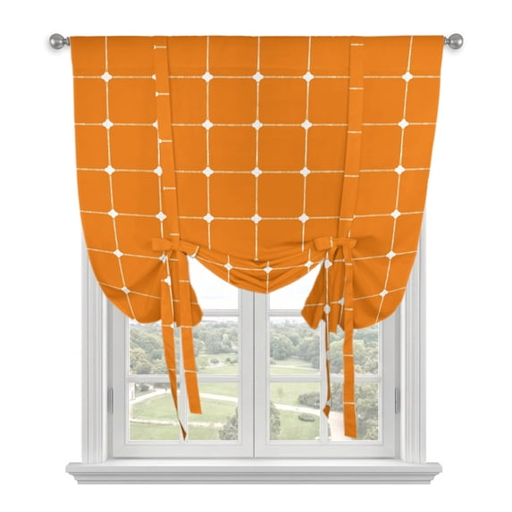 Orange Gingham Tie Up Curtains 45 Inches Long, Kitchen Window Curtains Over Sink, Modern Minimalist Geometric Plaid Small Window Curtains Shade Balloon Curtains Valances for Bedroom/Cafe 34"x45"