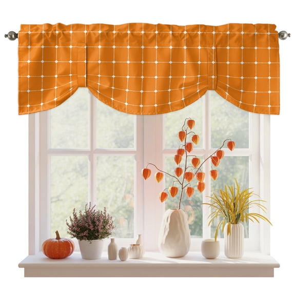 Orange Gingham Tie Up Valance Curtains for Windows, Kitchen Curtains Window Treatments, Modern Minimalist Geometric Plaid Short Window Shades Valances for Bedroom Bathroom Cafe 42"x12"