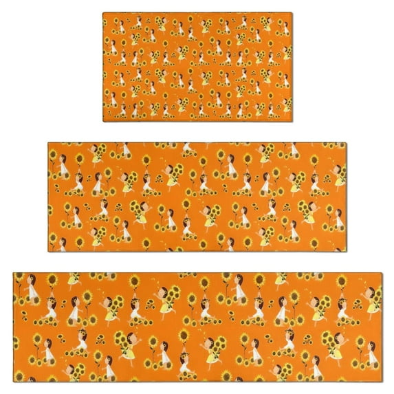 Orange Girl Sunflower Pattern Kitchen Rugs Sets Of 3,Kitchen Runner Rugs Non Skid Washable,Decorative Kitchen Floor Mats for Kitchen,Sink,Laundry,17"x30"+ 17"x47" + 17"x59"