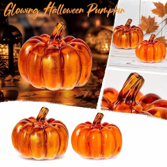 Orange Glass Pumpkin Decor, 4.5 Inch Autumn Translucent Pumpkin Storage Jar, Fall Seasonal Table Centerpiece, Halloween Thanksgiving Home Decoration for Mantel Shelf Countertop