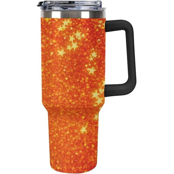 Orange Glitter Shining Star 40oz Tumbler with Straw And Lid Bling Shiny Insulated Stainless Steel Travel Tumbler Coffee Cup Mug Water Bottle with Handle, Fits in Car Cup Holder