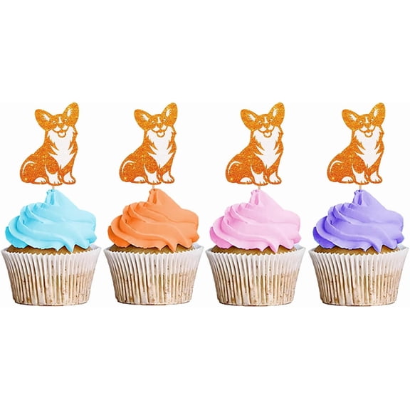 Orange Glitter Sitting Corgi Cupcake Toppers with White Detail, 12 Pack Cute Puppy Cupcake Picks, Dog Mom Birthday Cake Decor Supplies