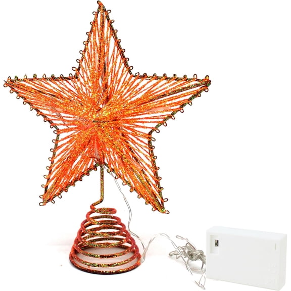 Orange Glittered 3D Tree Top Star with Warm White LED Lights and Timer for Christmas Tree Topper Decoration 8x10 Inch