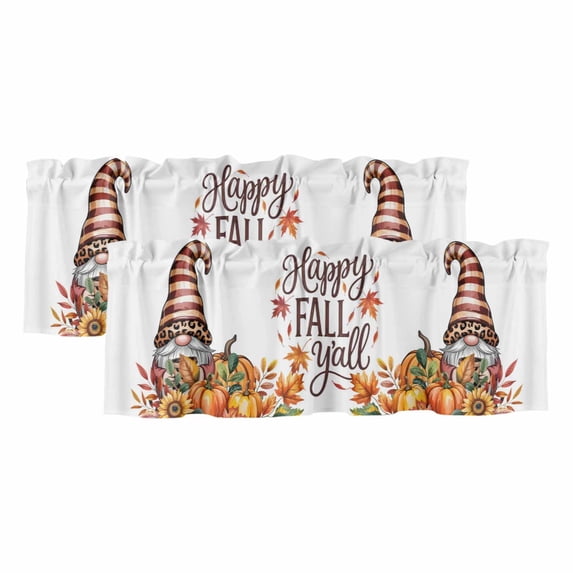 Orange Gnomes Fall Curtain Valances for Windows, Kitchen Valance Window Treatments Panel 2 Pack, Pumpkins Thanksgiving Maple Leaves Floral Rod Pocket Short Curtains for Bathroom Bedroom 60 x 18 Inch