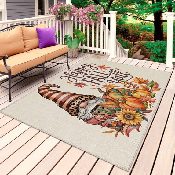Orange Gnomes Fall Outdoor Rug for Patio/Deck/Porch, Non-Slip Large Area Rug 5 x 8 Ft, Pumpkins Thanksgiving Leaves Floral Rustic Indoor Outdoor Rugs Washable Area Rugs, Camping Rug Carpet Runner