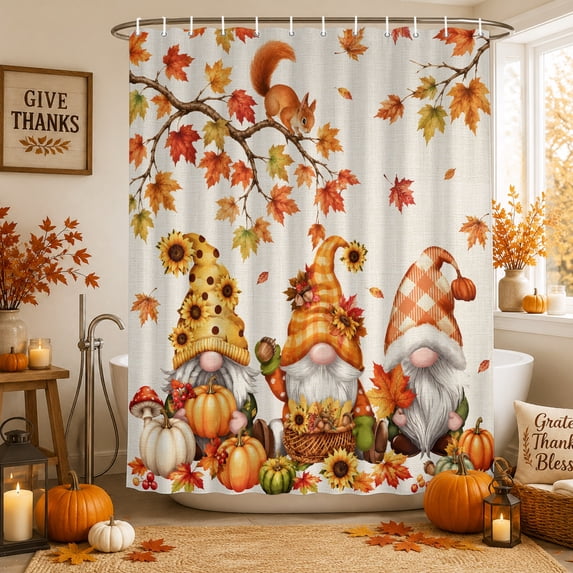 Orange Gnomes Fall Shower Curtains for Bathroom, Pumpkins Maple Leaf Thanksgiving Waterproof Fabric Shower Curtain, Decorative Bathroom Curtain for Bathtub, 72"x84", No Hooks Included