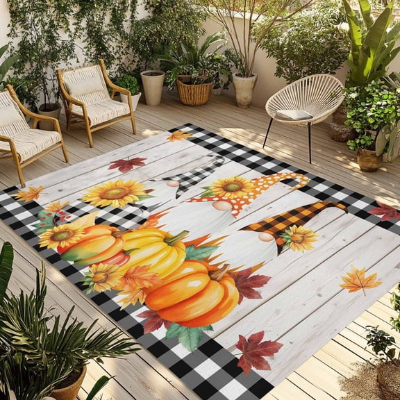 Orange Gnomes Outdoor Rug 3x5 Ft - Reversible Patio Rug Outdoor Camping Rugs, Fall Sunflowers Pumpkins Leaves Wood Plank Indoor Outdoor Area Rugs, Non-Slip Outdoor Carpet Runner for Deck/Porch